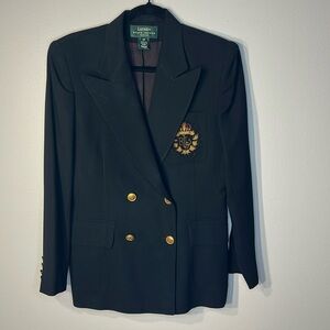 Vintage Ralph Lauren Black Crested 100% Wool Double Breasted Blazer 10P